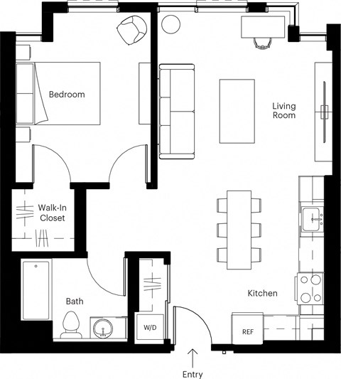 Floor plan for 1 bed, 1 bath, 650 sqft